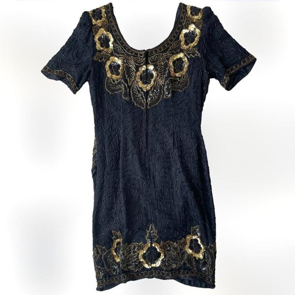 gatsby/flapper inspired vintage Sténay 1980s gold + black beaded dress - Picture 2 of 6